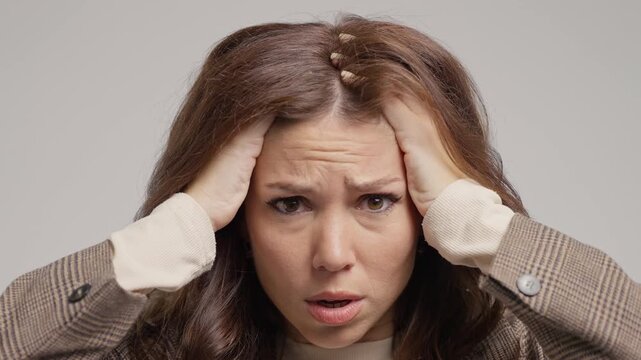 Nervous Businesswoman In Panic, Despair. Frightened Lady Feels Anxiety. Corporate woman under pressure react to bad news,stressful situation