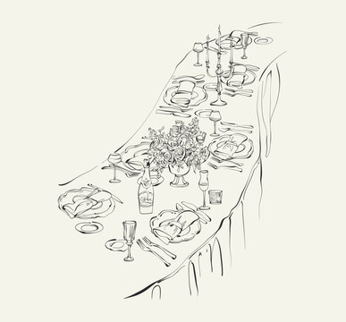 Vintage table setting hand drawn line art. Elegant dining table with classic candlestick, flowers, glasses, tableware, cutlery, wine bottle. Ink sketch for wedding invitations, restaurant menu, party.