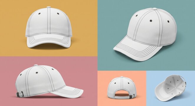 Multi-angle mockup collection of a blank white baseball cap with contrasting eyelets displayed on colorful pastel backgrounds.