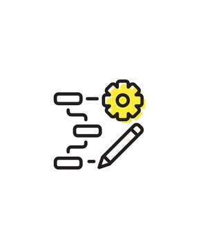 Workflow process icon with gear and pencil, task planning and editing concept, black line art with yellow accent, isolated on white background
