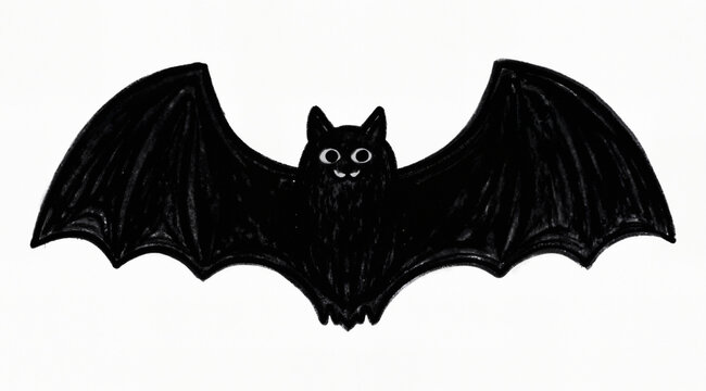 Simple hand-drawn bat silhouette for Halloween on transparent background. Naive black vector illustration for decor.
