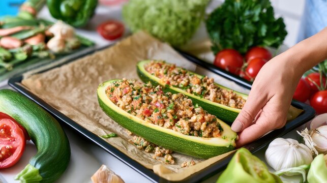 Hands arranging stuffed zucchini boats with minced filling on baking tray, home cooking and meal preparation with fresh vegetables