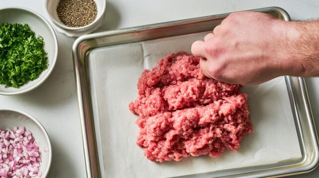 Hand mixing minced meat on tray with chopped onion, parsley and seasoning, cooking preparation for savory filling and homemade recipe concept