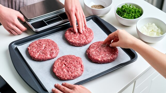 Hands shaping raw minced meat patties on parchment lined tray beside scale, onions, herbs and spices for meal prep and home cooking