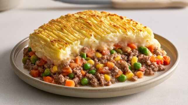 Shepherd's pie with mashed potato topping and minced meat filling, mixed vegetables and comfort food dinner concept