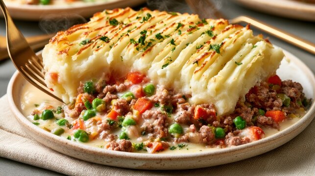 Steaming shepherd's pie with ground meat, peas and carrots beneath browned mashed potato topping, comfort food dinner and homemade meal concept