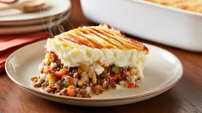 Shepherd&rsquo;s pie slice on plate with steaming minced meat, vegetables and mashed potato topping, homemade comfort food dinner concept