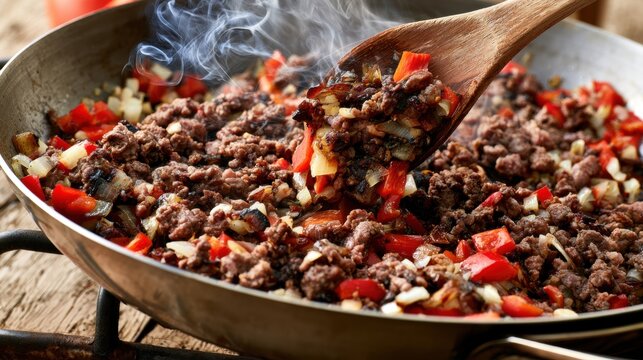 Steaming minced meat with onions and red peppers in skillet, home cooking, savory filling preparation and rustic food ingredient concept