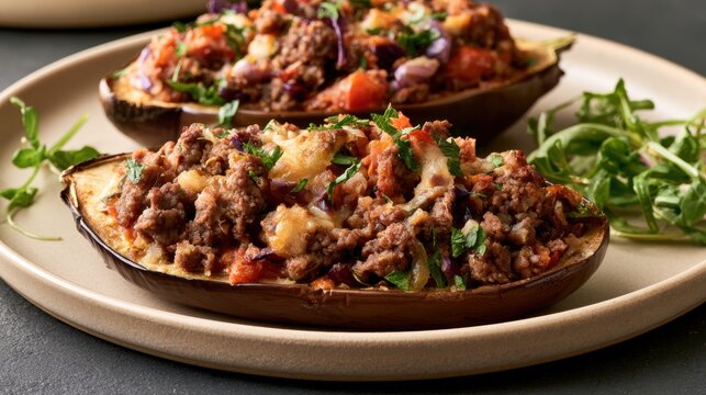 Stuffed eggplant halves topped with minced meat, melted cheese, tomato and herbs on serving plate, savory dinner and home cooking concept