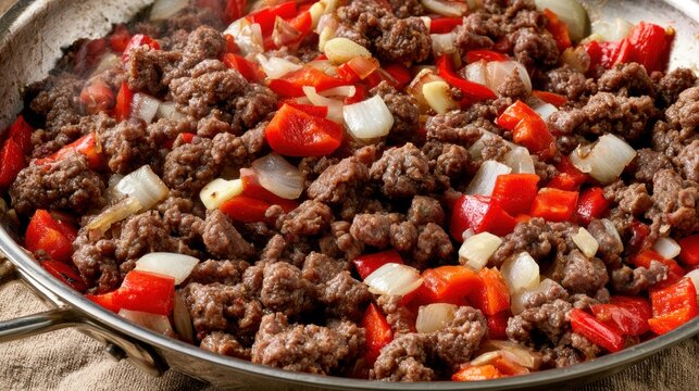 Cooked minced meat with red peppers and onions in skillet, savory meal preparation and home cooking concept