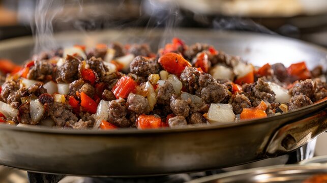 Steaming minced meat with onions and red peppers in pan, cooking preparation for savory filling, meal assembly and home kitchen food process