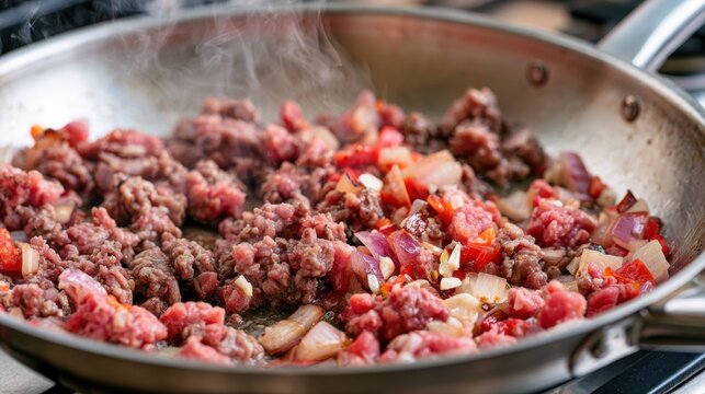 Minced meat with onions and peppers sizzling in skillet, home cooking and recipe preparation concept