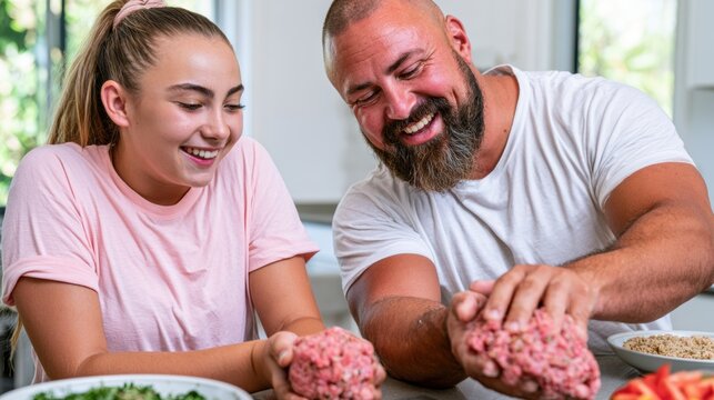 Smiling father and daughter kneading minced meat at kitchen table, family cooking and homemade food preparation concept