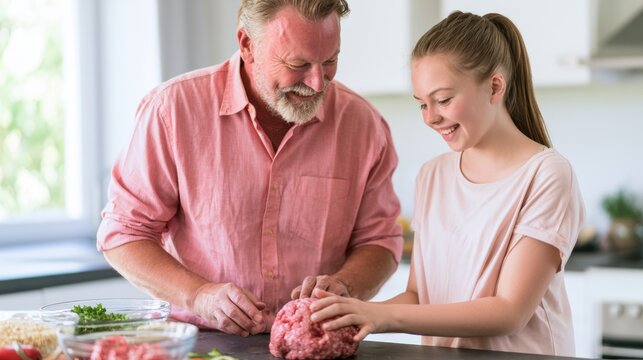 Smiling father and daughter shaping ground meat in home kitchen, family cooking and meal preparation concept