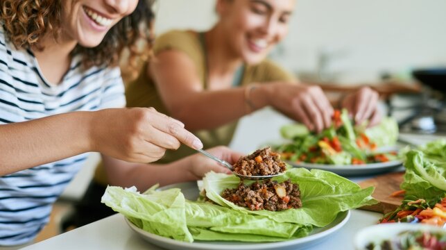 Women filling lettuce wraps with minced meat and vegetables, home meal preparation and healthy eating concept