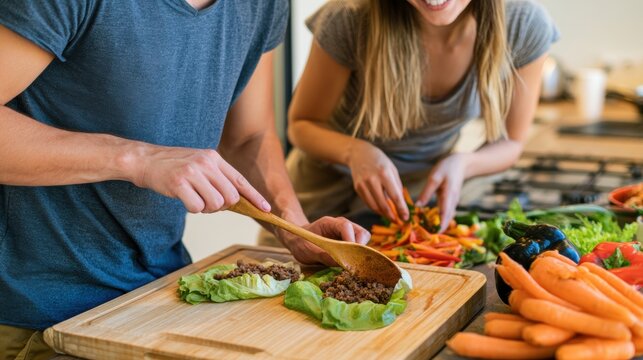 Couple preparing minced meat lettuce wraps with fresh vegetables, home cooking and healthy meal prep concept
