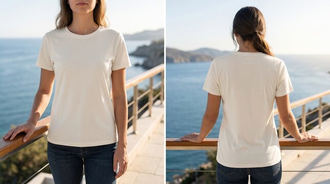Photorealistic diptych mockup of a woman wearing a blank off-white crewneck t-shirt, front and back views, standing on a balcony with blue water background.