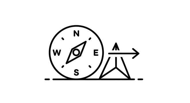 A minimalist linear icon representing a compass next to a triangular navigational marker symbol with directions geometric navigational