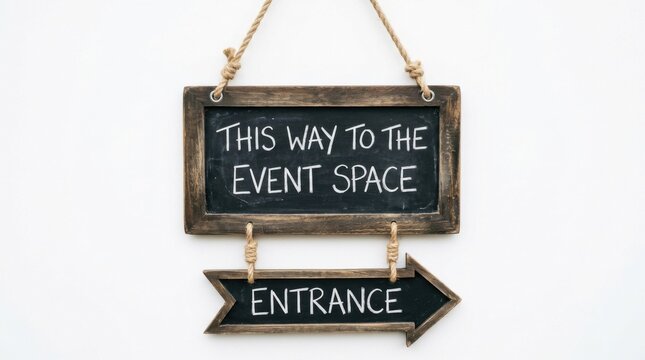 Chalkboard Sign This Way to the Event Space Entrance on a White Wall Rustic Wood Frame Rope Hanging Event Directional Signage