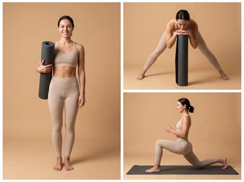 Studio mockup set of a woman showcasing a blank charcoal yoga mat in three different fitness poses against a neutral warm-beige background.