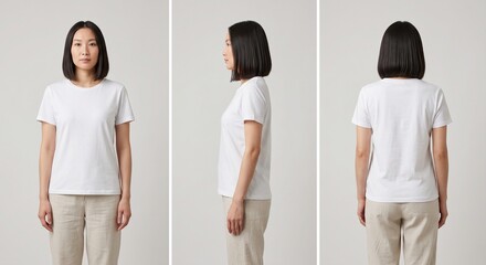 Fototapeta premium Triptych of an East Asian woman wearing a blank white crewneck t-shirt with front, side, and back views against a gray studio background for apparel mockups.