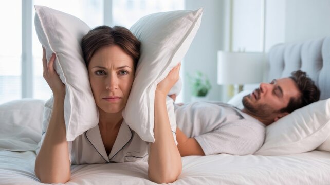 The woman covers her ears with a pillow because of the man&rsquo;s snoring, who is sleeping next to her in bed.