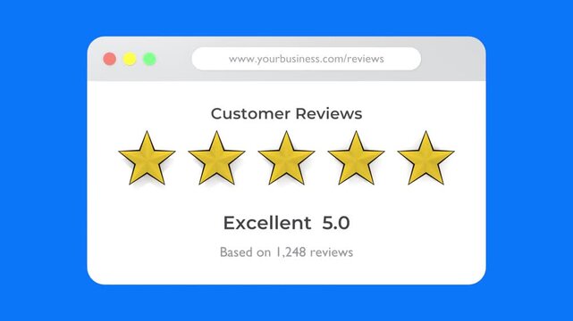 3d customer 5 star review window popup, blue screen background