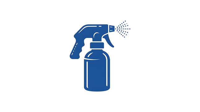 Blue spray bottle icon showing liquid mist being dispensed against a plain white background surface with handheld plastic spray