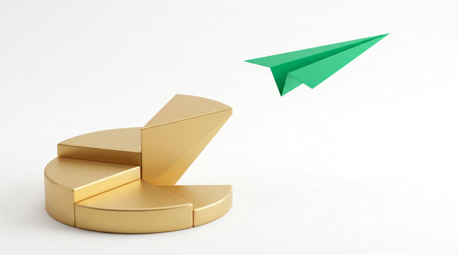Gold staircase chart with a green paper airplane flying upwards, symbolizing growth, success, and ambition, ideal for business or achievement concepts