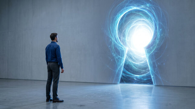 Man in blue shirt stands before a glowing blue keyhole portal, symbolizing a gateway to the unknown, opportunity, and transformation.