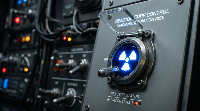 Close-up of a nuclear reactor control panel with a glowing radiation symbol, indicating high risk and status, symbolizing power, danger, and scientific advancement