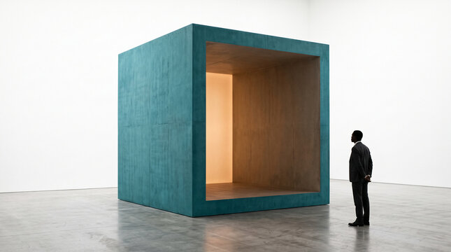 Teal concrete cube installation with warm interior light, a man in a suit observes, symbolizing art, contemplation, and modern space