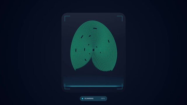 Abstract Biometric Fingerprint Scan Verification Animation with Glowing Laser Sweep and Authentication Checkmark Dark Background Seamless Loop Corporate Cybersecurity Technology Video
