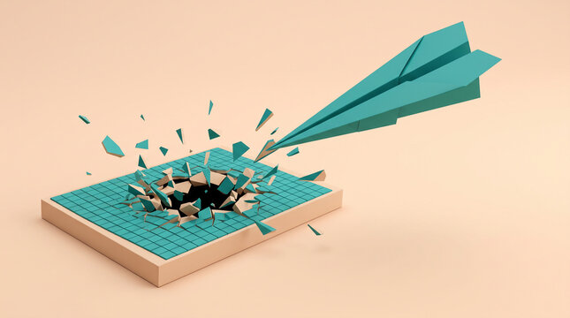 Teal paper airplane breaking through a tiled surface, symbolizing innovation, breakthrough, and overcoming obstacles in business or personal growth