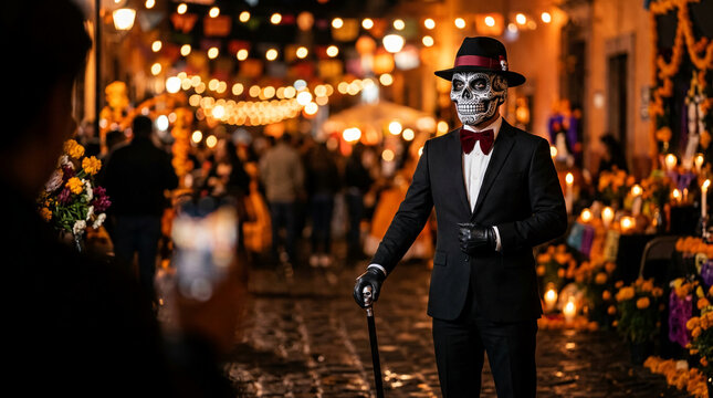 A man in a suit with a skull mask and hat stands on a street decorated with lights and flowers, symbolizing Day of the Dead celebration