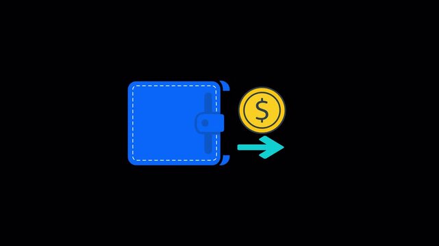 Minimalist graphic animation featuring a blue wallet icon and a glowing dollar coin floating out