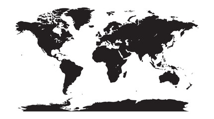 Black silhouette of world map vector illustration showing all continents and islands isolated on white background    © Creative Studio