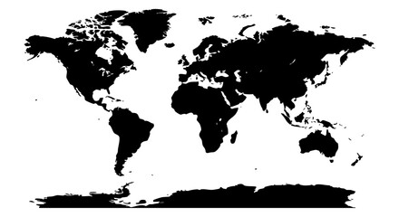 Black silhouette of world map vector illustration showing all continents and islands isolated on white background    © Creative Studio