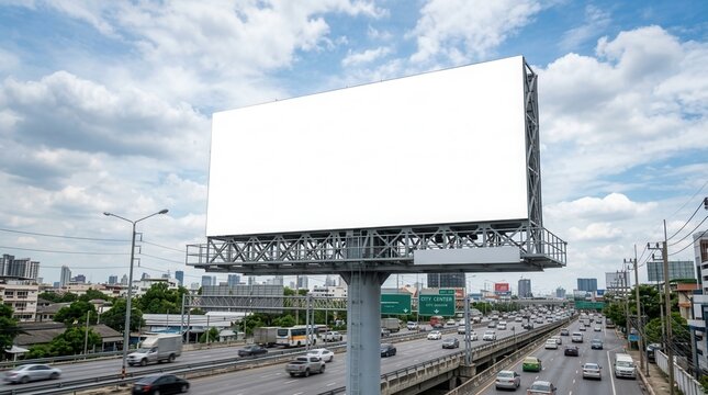 Blank billboard sign on a highway overpass with traffic and city skyline background advertising space for mockups