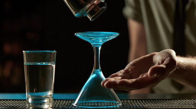 Bartender pouring liquid into inverted cocktail glass beside untouched water glass bar mat, hand gesture suggesting service refusal, dark restaurant setting with reflective blue glass and backlight