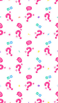 Seamless quiz pattern featuring pink question marks and trivia symbols on white background