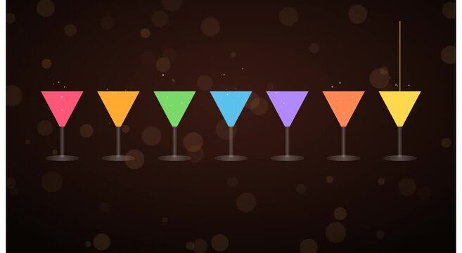 Colorful rainbow cocktail glasses filling animation, vibrant liquid pouring motion for party and nightlife backgrounds