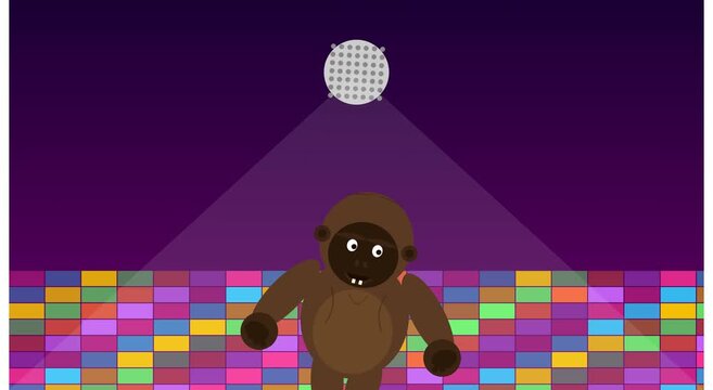 Cute cartoon gorilla dancing on disco floor with mirror ball animation monkey