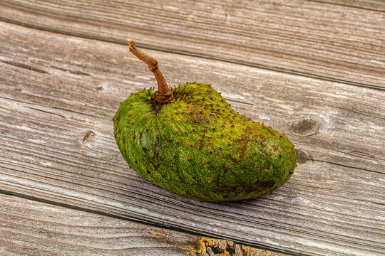 Weathered wooden plank surface featuring single green soursop fruit with textured skin and brown stem, tropical produce