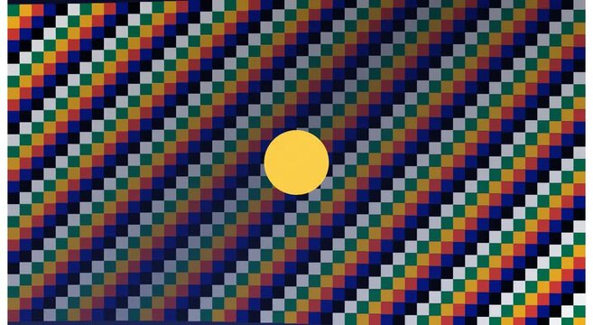 Abstract geometric motion background, with pulsing golden, circle and colorful, diagonal pixel grid pattern