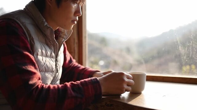 A young Asian man sits by the window in a cozy wooden house, writing in his notebook and drinking coffee.