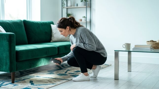 Woman searches under couch with phone flashlight for lost item in sunlit modern living room
