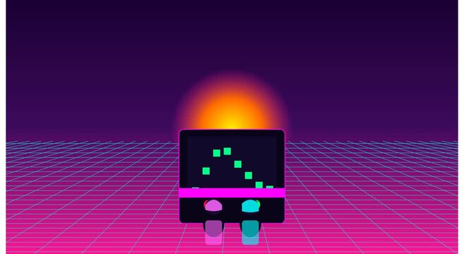 Retro synthwave digital character animation with pulsing data visualization on 80s neon grid background
