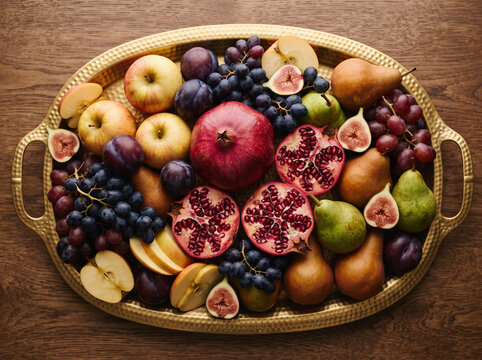 Abundant seasonal fruit arranged on a vintage serving tray, featuring pomegranate, apples, pears, grapes, plums and figs
