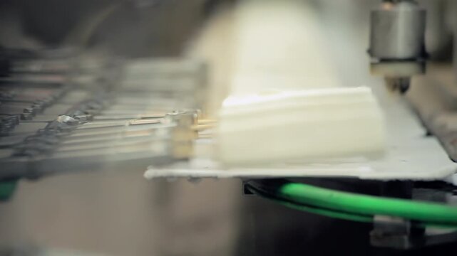 Metal clamps carry white popsicle bars. Close up automated dairy factory line.